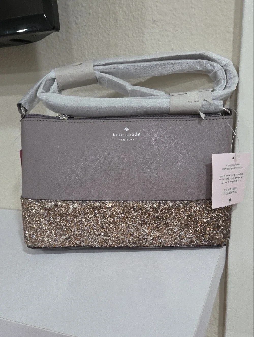 kate spade gray and gold glitter crossbody bag